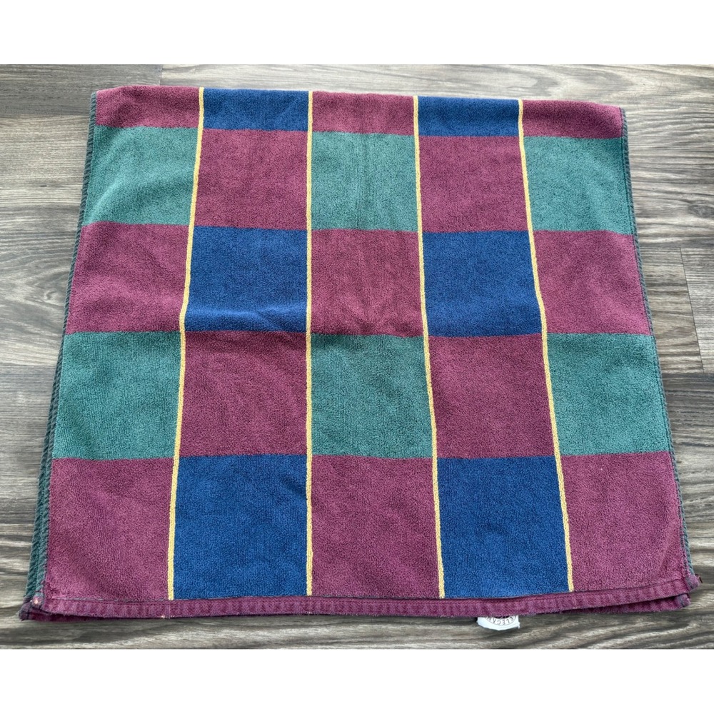 Vintage Geometric Checkerboard Bath Towel Burgundy Teal Navy Blue 44x22
